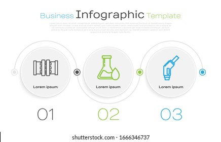 Set line Industry metallic pipes and valve, Oil petrol test tube and Gasoline pump nozzle. Business infographic template. Vector