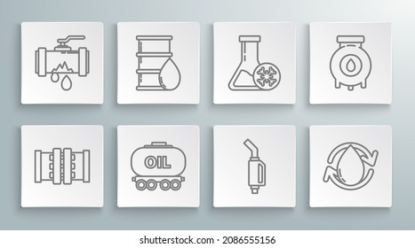 Set line Industry metallic pipes and valve, Oil railway cistern, Gasoline pump nozzle, drop, Antifreeze test tube, gas industrial factory building and Broken with leaking water icon. Vector