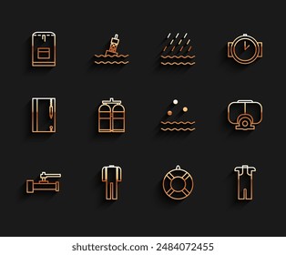 Set line Industry metallic pipes and valve, Wetsuit for scuba diving, Backpack, Lifebuoy, Aqualung, Diving mask and Cold waves icon. Vector