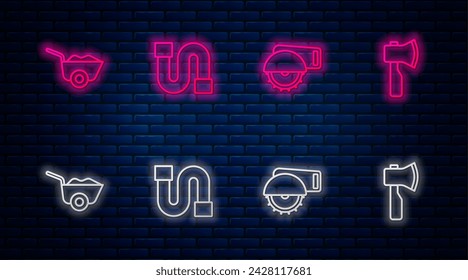 Set line Industry pipe, Electric circular saw, Wheelbarrow and Wooden axe. Glowing neon icon on brick wall. Vector