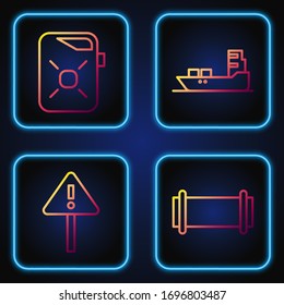 Set line Industry pipe, Exclamation mark in triangle, Canister for motor oil and Oil tanker ship. Gradient color icons. Vector