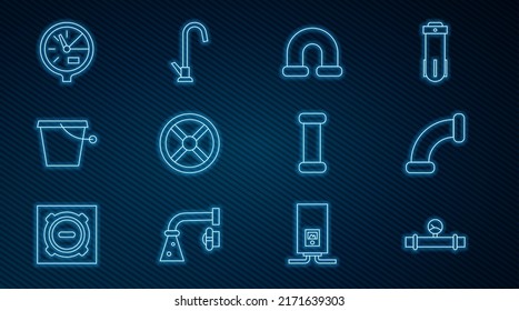 Set line Industry pipe and manometer, metallic, valve, Bucket, Water,  and tap icon. Vector
