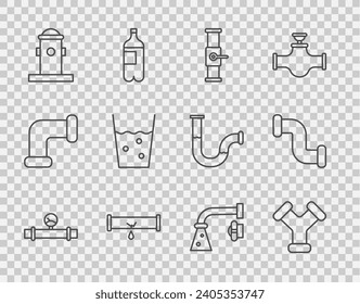 Set line Industry pipe and manometer, metallic, valve, Broken with leaking water, Fire hydrant, Glass, Water tap and  icon. Vector
