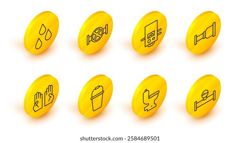 Set line Industry pipe and manometer, Toilet bowl, Bucket, Rubber gloves, Pipe adapter, Gas boiler, valve and Water drop icon. Vector