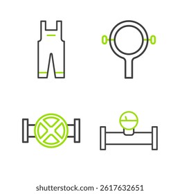Set line Industry pipe and manometer, valve, Filter wrench and Work overalls icon. Vector