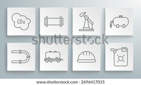 Set line Industry pipe, Oil railway cistern, Worker safety helmet, Canister for motor oil, pump pump jack, industrial factory building and CO2 emissions cloud icon. Vector