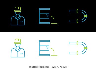 Set line Industry pipe, Oilman and Barrel oil leak icon. Vector