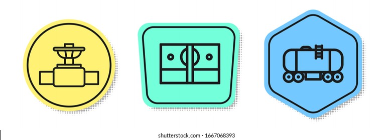 Set line Industry pipe and valve, Stacks paper money cash and Oil railway cistern. Colored shapes. Vector
