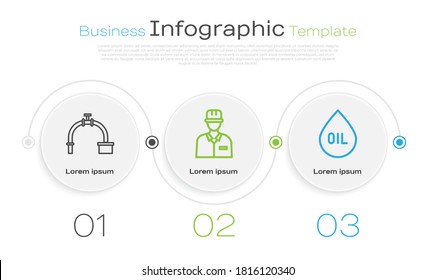 Set line Industry pipe and valve, Oilman and Oil drop. Business infographic template. Vector