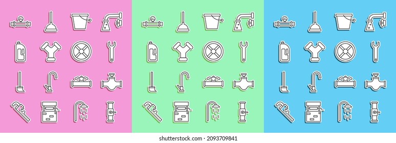 Set line Industry pipe and valve, Wrench spanner, Bucket, metallic, Container with drain cleaner, manometer and  icon. Vector