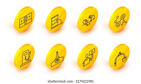 Set Line Industry Pipe And Valve, Nature Saving Protest, Oil Rig With Fire, Petrol Or Gas Station, Molecule Oil, Wrecked Tanker Ship, Barrel Leak And Stacks Paper Money Cash Icon. Vector