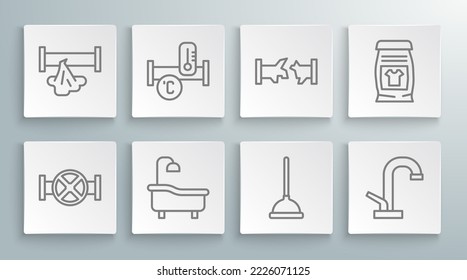 Set line Industry pipe and valve, metallic, Bathtub, Rubber plunger, Water tap, Broken, Laundry detergent and  icon. Vector