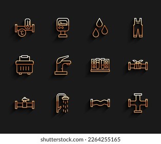 Set line Industry pipe and valve, Shower, metallic, Water tap,  and Test tube with water drop icon. Vector