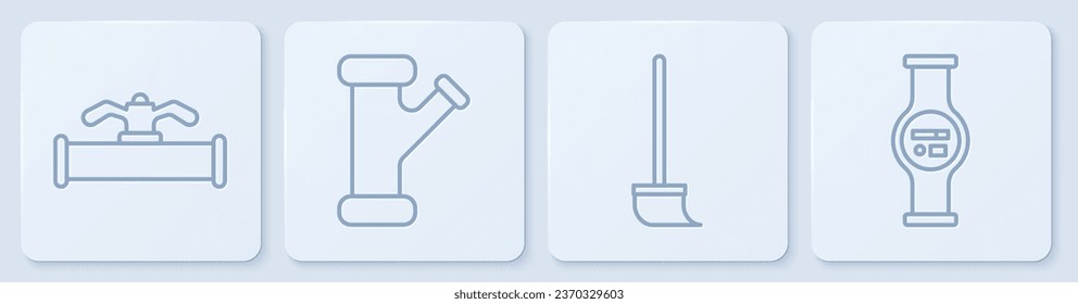 Set line Industry pipe and valve, Mop, Industry metallic pipe and Water meter. White square button. Vector