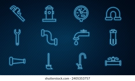 Die Linie Industrie-Rohr und Ventil, Wasserfilter, Meter, Metall, Spanner, Rohrschlüssel verstellbaren Schlüssel, Wasserhahn und Feuerlöschhydranten Symbol. Vektorgrafik