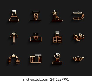 Set line Industry pipe and valve, Oil industrial factory building, petrol test tube, Gauge scale, Canister for motor oil, Oilfield, Wrecked tanker ship and Barrel icon. Vector