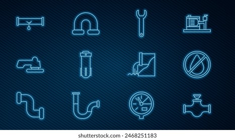 Set line Industry pipe and valve, Water drop forbidden, Wrench spanner, filter, tap, Broken with leaking water, Wastewater and metallic icon. Vector