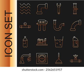 Set line Industry pipe and valve, Container with drain cleaner, metallic, Wrench spanner, Water filter, manometer, Wave and  icon. Vector