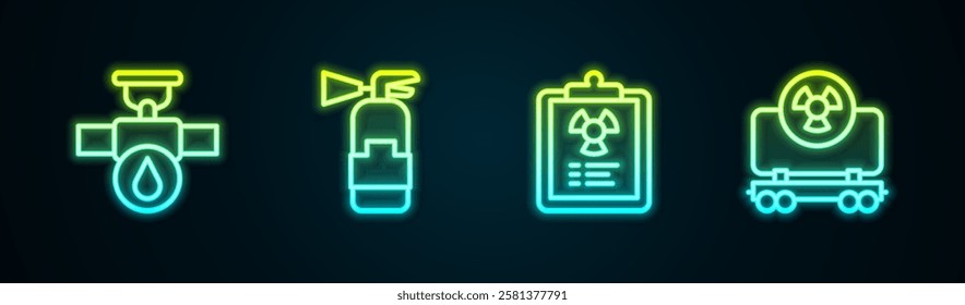 Set line Industry pipe and valve, Fire extinguisher, Radiation warning document and Radioactive cargo train. Glowing neon icon. Vector