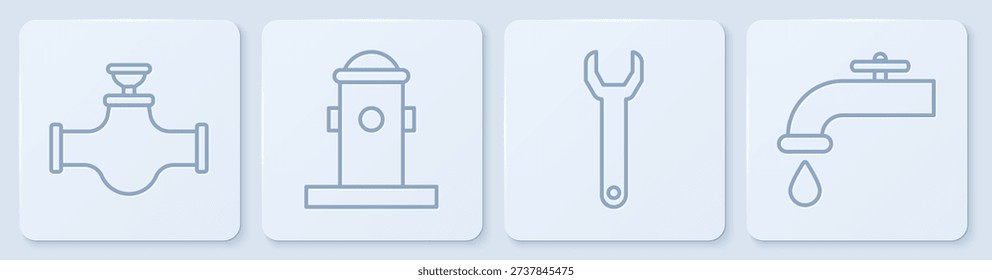 Set line Industry pipe and valve, Wrench spanner, Fire hydrant and Water tap. White square button. Vector