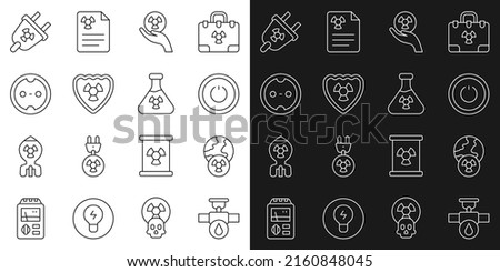Set line Industry pipe and valve, Planet earth radiation, Power button, Radioactive, in shield, Electrical outlet, Radiation electrical plug and Test tube icon. Vector