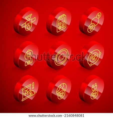 Set line Industry pipe and valve, Dosimeter, Radioactive exchange energy, Nuclear bomb, Power button, waste in barrel and Planet earth radiation icon. Vector