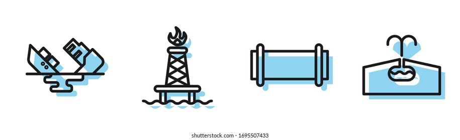Set line Industry pipe, Wrecked oil tanker ship, Oil rig with fire and Oilfield icon. Vector