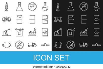 Set line Industry pipes and valve, Bio fuel barrel, Barrel oil, No for gasoline, leak, Oil railway cistern, rig with fire and  icon. Vector