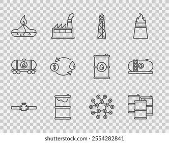 Set line Industry pipes and valve, Barrel oil, Oil rig with fire, leak, Alcohol or spirit burner, exchange, Molecule and industrial factory building icon. Vector