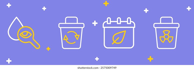 Set line Infectious waste, Calendar with autumn leaves, Recycle bin and Drop and magnifying glass icon. Vector