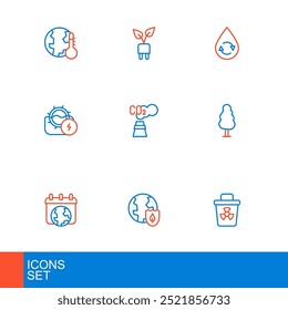 Set line Infectious waste, Earth with shield, World day, Tree, Water mill, CO2 emissions in cloud, Recycle clean aqua and Electric saving plug leaf icon. Vector