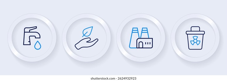 Set line Infectious waste, Factory production, Leaf in hand and Water tap icon. Vector
