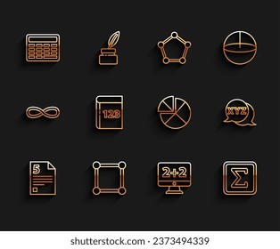 Set line Infinity, Chalkboard with diagram, Graph, schedule, chart,, Geometric figure Square, Test or exam sheet and pen, Calculator and Abacus icon. Vector