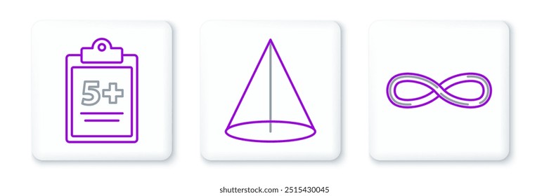 Establecer línea Infinity, hoja de prueba o examen e icono de cono de figura geométrica. Vector