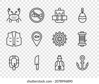 Set line Inflatable boat, Anchor, Hiking backpack, Knife, Crab, Location fishing, Fisherman and Spinning reel for icon. Vector