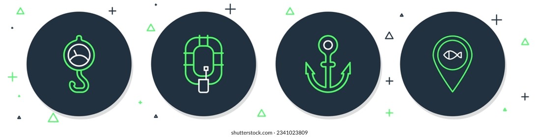 Set line Inflatable boat, Anchor, Spring scale and Location fishing icon. Vector