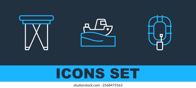 Set line Inflatable boat, Folding chair and Fishing on water icon. Vector