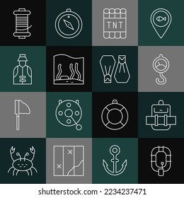 Set line Inflatable boat, Hiking backpack, Spring scale, Detonate dynamite bomb stick, Aquarium, Fisherman, Spinning reel for fishing and Rubber flippers swimming icon. Vector