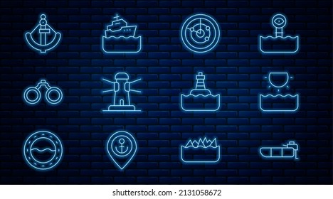 Set line Inflatable boat with motor, Sun, Radar targets, Lighthouse, Binoculars, Anchor, Floating buoy and Cruise ship icon. Vector