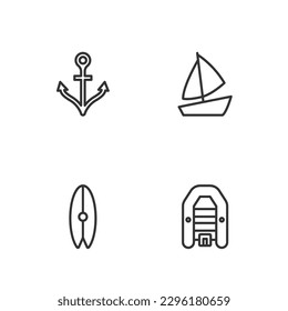 Set line Inflatable boat with motor, Surfboard, Anchor and Yacht sailboat icon. Vector