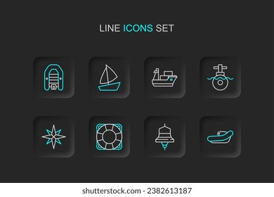Set line Inflatable boat with motor, Ship bell, Lifebuoy, Wind rose, Submarine, Cargo ship, Yacht sailboat and  icon. Vector