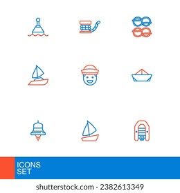 Fijar línea Barco inflable con motor, velero de yate, campana de barco, papel doblado, marinero, nudos de cuerda náutica e icono de bollard marino. Vector