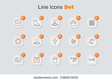 Set line Inflatable boat with motor, Fishing rod, bucket, Diving mask, Canned fish, Swiss army knife, Spinning reel for fishing and float icon. Vector