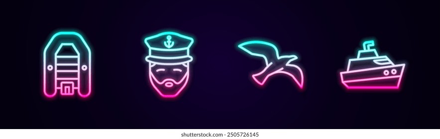 Set line Inflatable boat with motor, Captain of ship, Bird seagull and Speedboat. Glowing neon icon. Vector