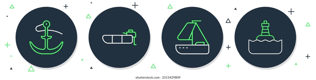 Set line Inflatable boat with motor, Yacht sailboat, Anchor and Floating buoy icon. Vector