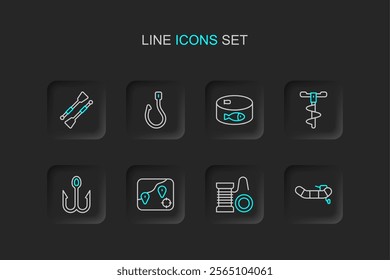 Set line Inflatable boat with motor, Spinning reel for fishing, Location, Fishing hook, Hand ice drill, Canned,  and Oars paddles icon. Vector