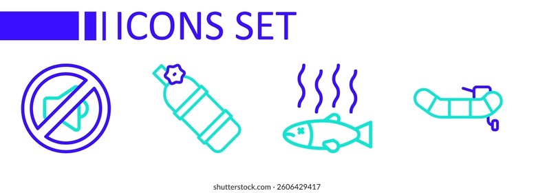 Set line Inflatable boat with motor, Dead fish, Aqualung and Speaker mute icon. Vector