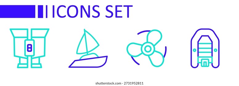 Set line Inflatable boat with motor, Boat propeller, Yacht sailboat and Binoculars icon. Vector