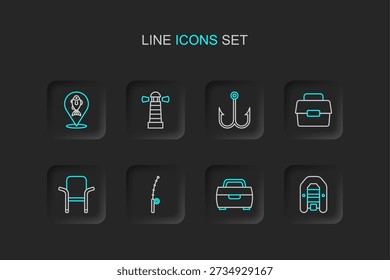 Set line Inflatable boat with motor, Fishing hook, rod, Camping folding chair, Case box for fishing, Lighthouse and Location icon. Vector