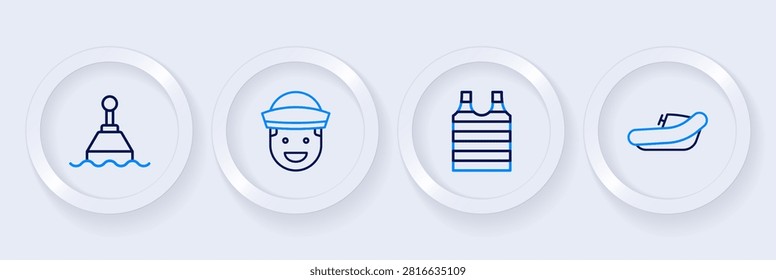 Set line Inflatable boat with motor, Striped sailor t-shirt, Sailor and Floating buoy icon. Vector